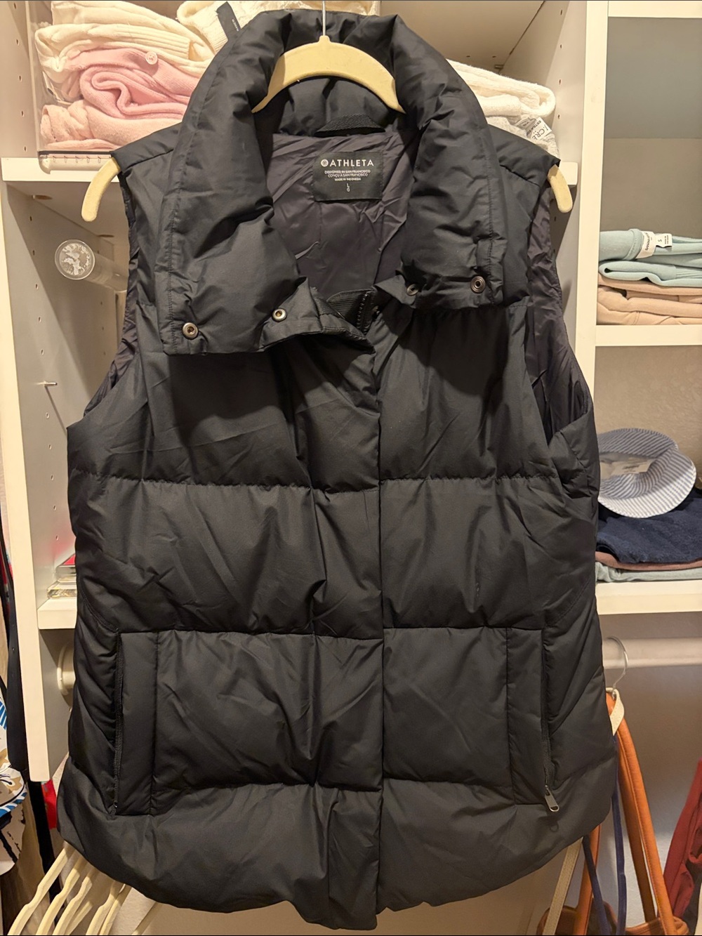 Athleta Black Quilted Puffer Vest with High Funnel Collar